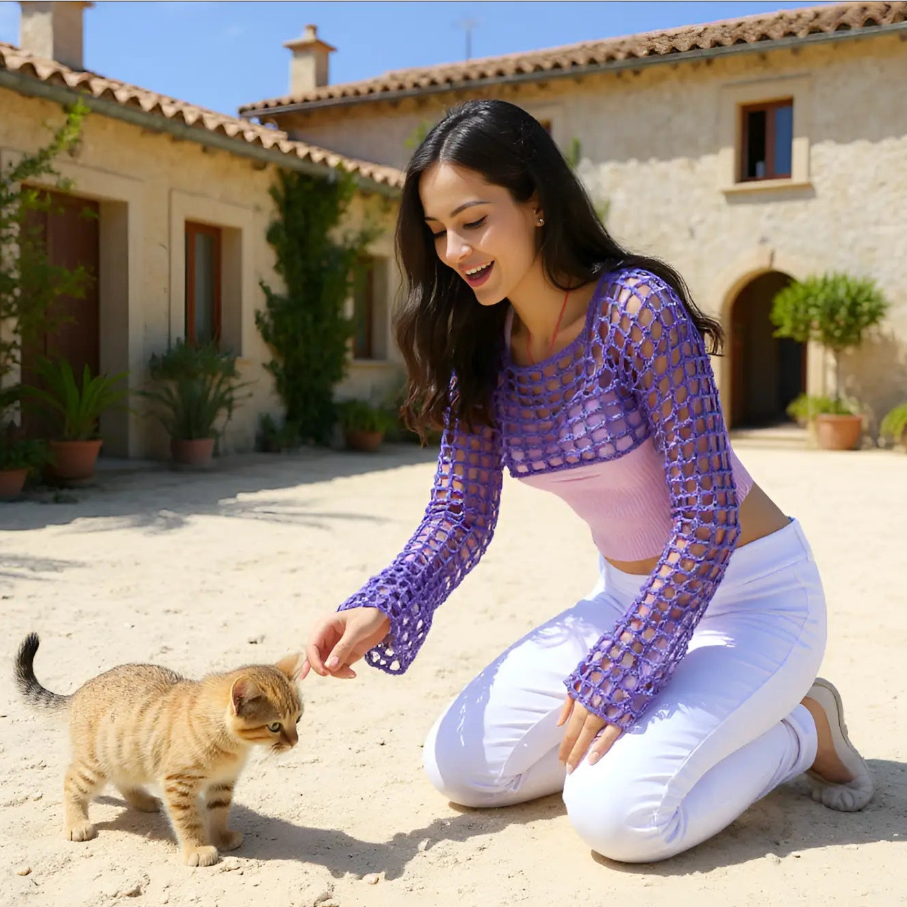 Crop top au crochet Violettina de Cachalabibi - vue de face dans la cour d'une bastide provençale avec un chaton