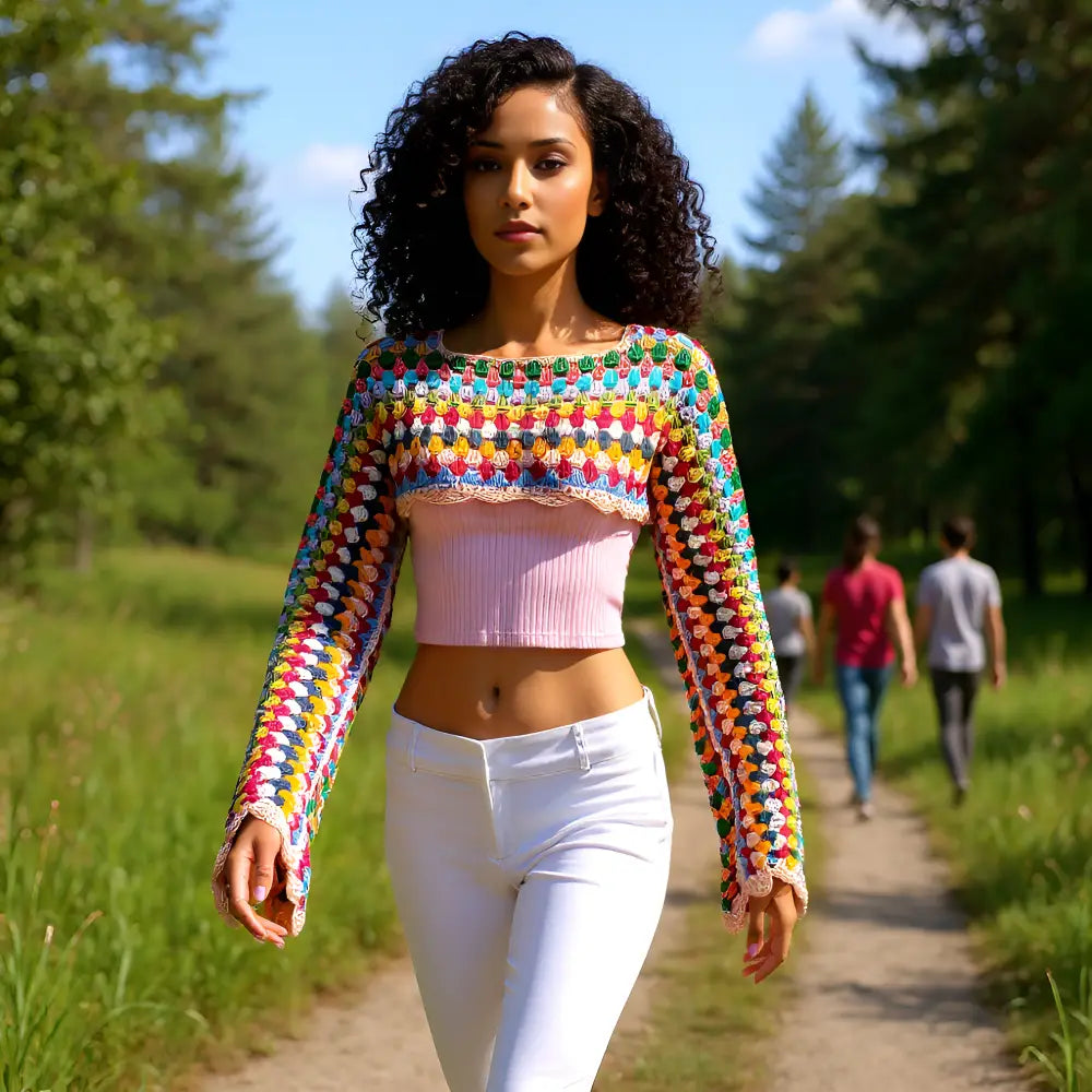 Crop top au crochet Volarino de Cachalabibi - vue de face d'une jeune femme sur un chemin forestier