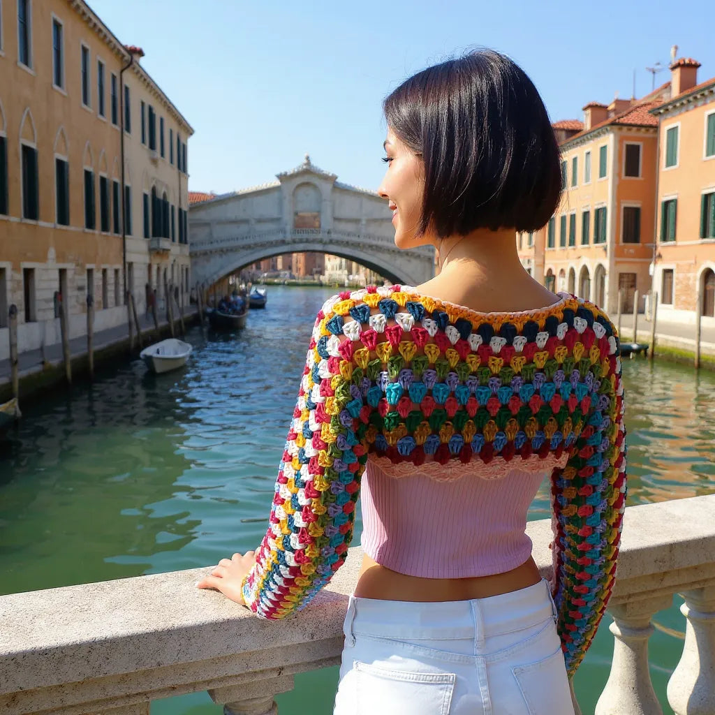 Crop top au crochet Volarino de Cachalabibi - vue de dos d'une femme devant le Pont des Soupirs à Venise