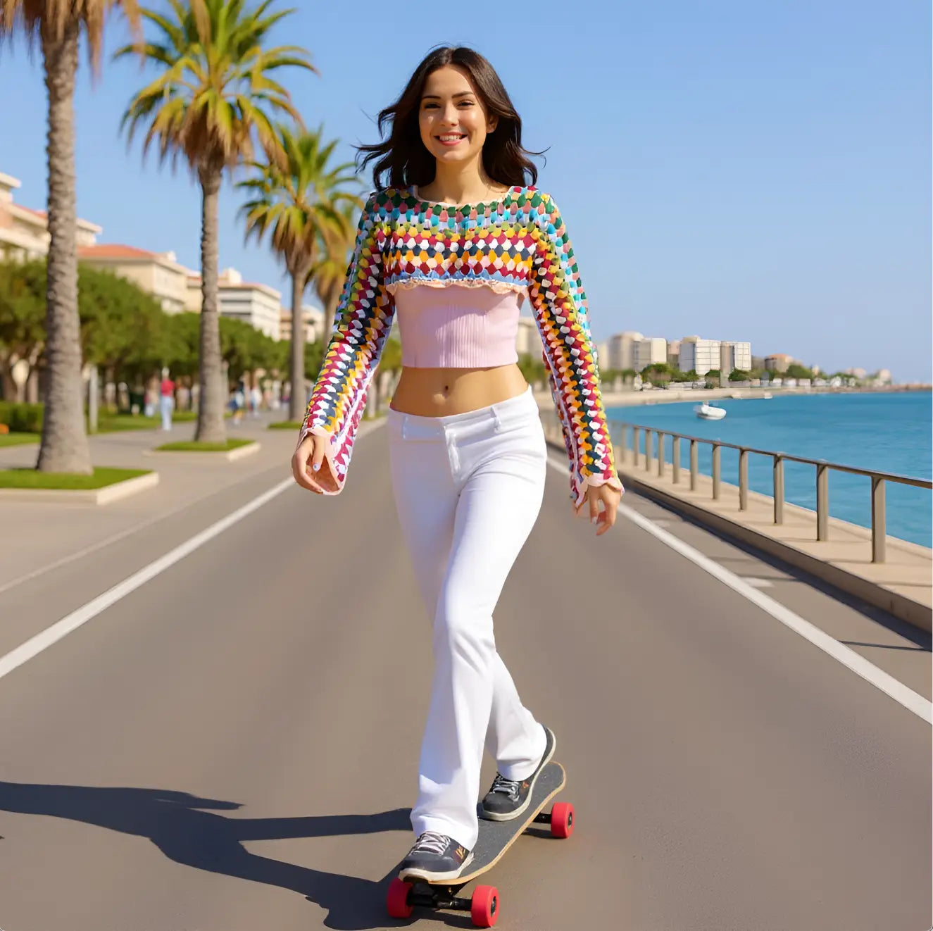 Crop top au crochet Volarino de Cachalabibi - vue de face en skateboard sur la promenade au bord de la mer avec palmiers