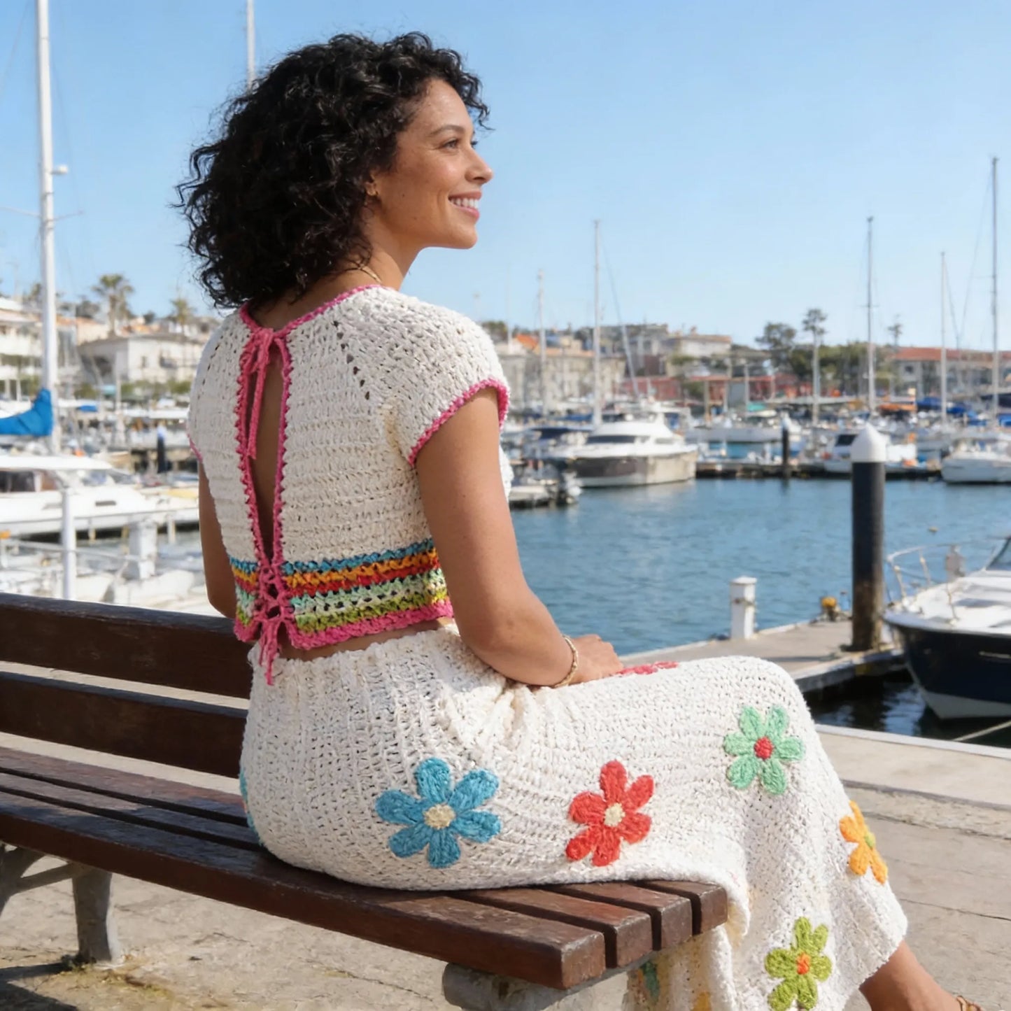 Ensemble au crochet Tiaré de Cachalabibi - vue de dos d'une jeune femme assise sur un banc dans une marina
