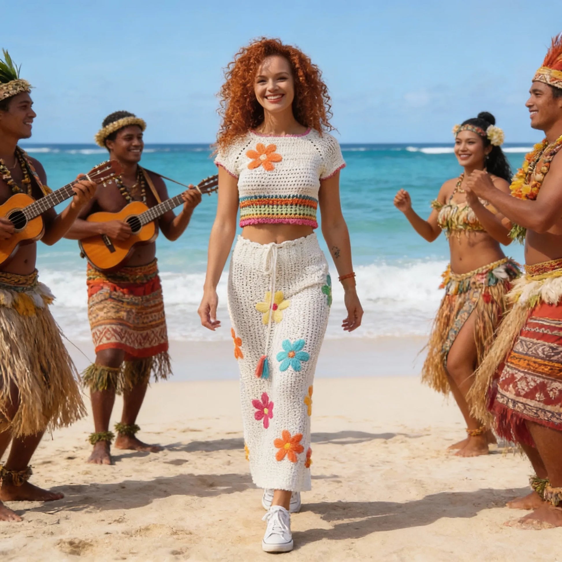 Ensemble au crochet Tiaré de Cachalabibi - vue de face d'une femme au-milieu de danseuses et de joueurs de ukulélé