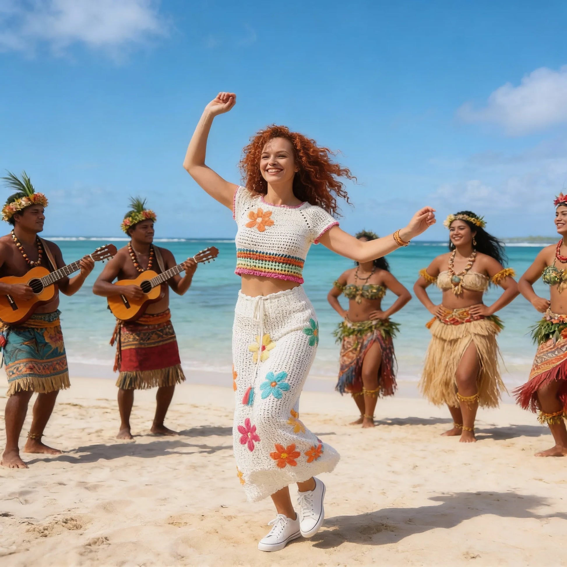 Ensemble au crochet Tiaré de Cachalabibi - femme dansant au-milieu de danseuses et de joueurs de ukulélé