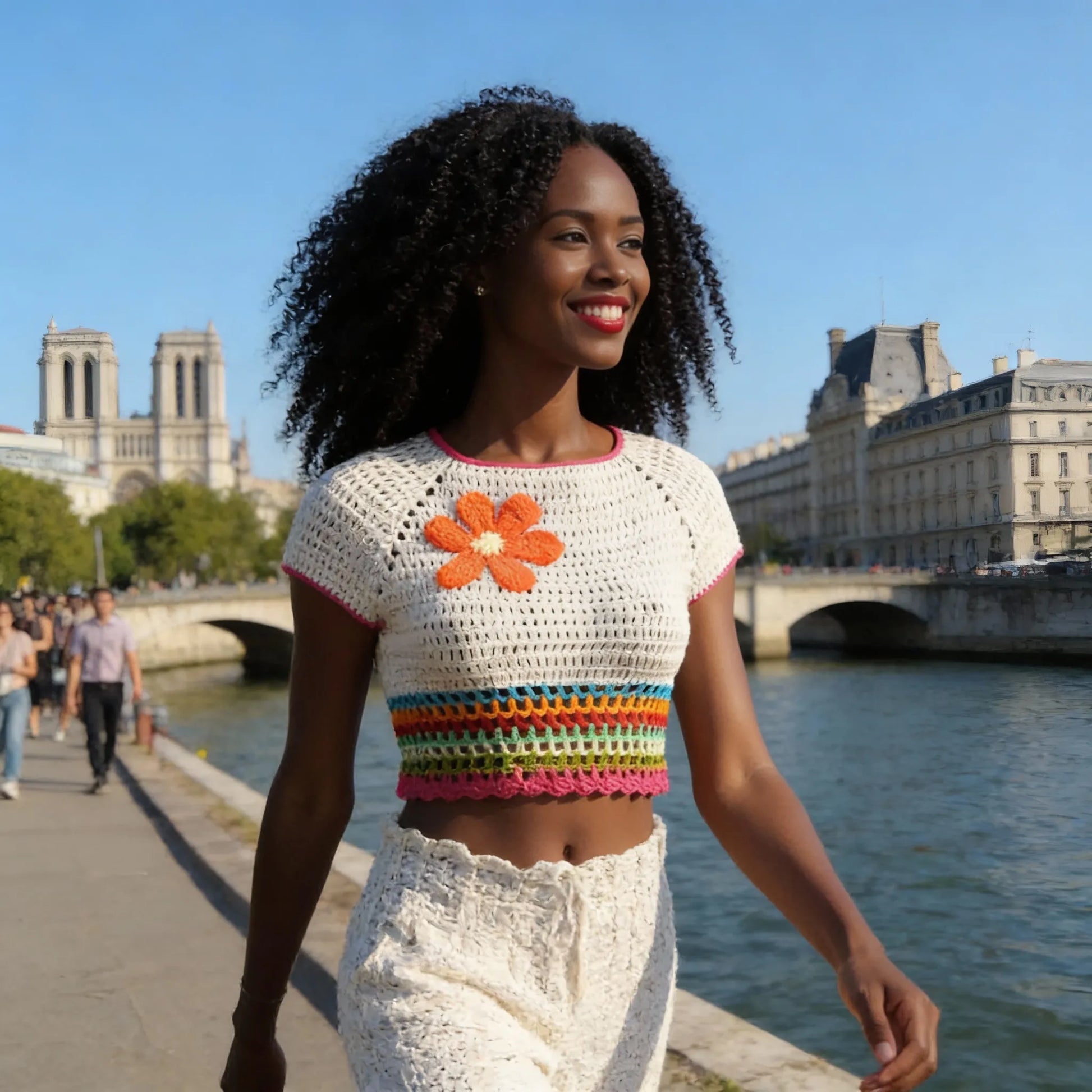 Ensemble au crochet Tiaré de Cachalabibi - vue de face sur les quais de Seine à Paris avec Notre-Dame en arrière-plan