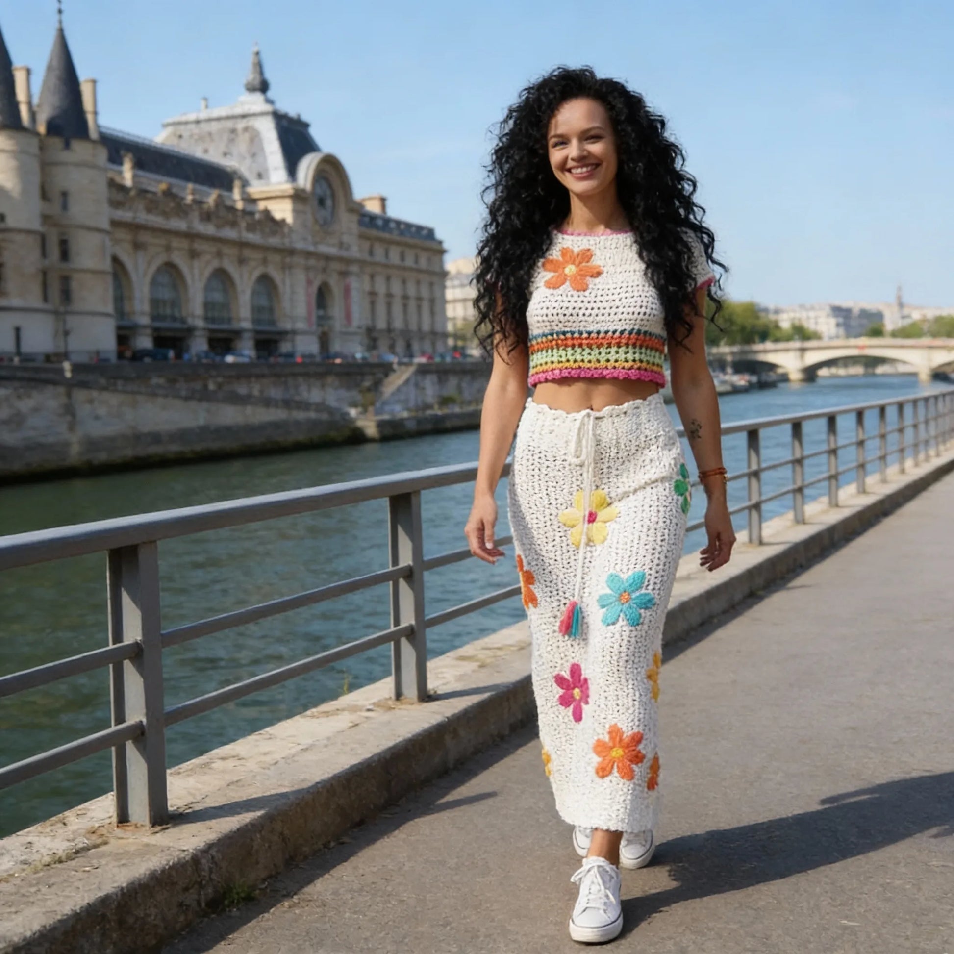 Ensemble au crochet Tiaré de Cachalabibi - vue de face d'une jeune femme sur les quais de Seine à Paris 
