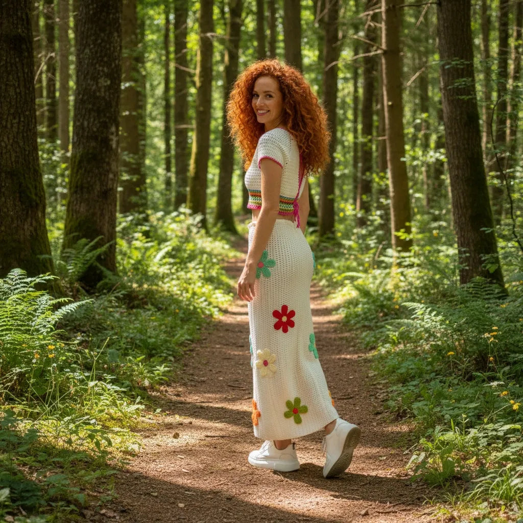 Ensemble au crochet Tiaré de Cachalabibi - vue de profil d'une jeune femme aux cheveux roux sur un chemin forestier