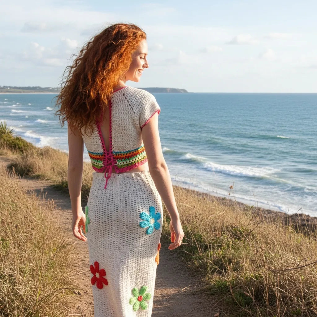 Ensemble au crochet Tiaré de Cachalabibi - vue de dos sur la côte bretonne avec une vue sur l'océan et falaises