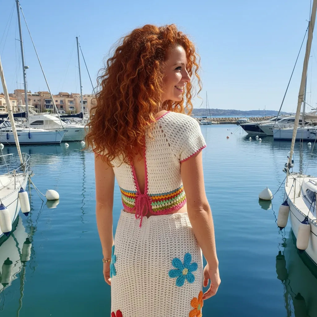 Ensemble au crochet Tiaré de Cachalabibi - vue de dos à la marina avec yachts et ciel bleu