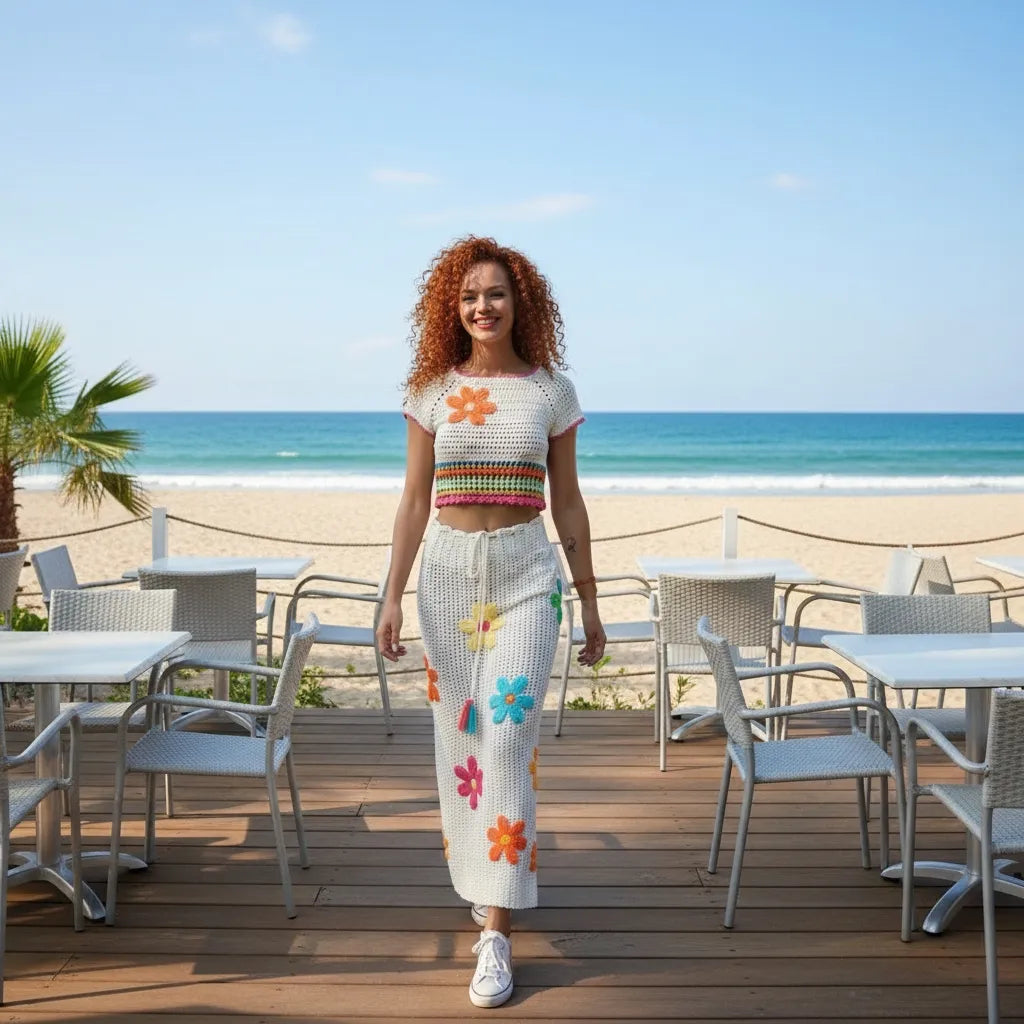 Ensemble au crochet Tiaré de Cachalabibi - vue de face d'une jeune femme debout sur une terrasse près de la plage