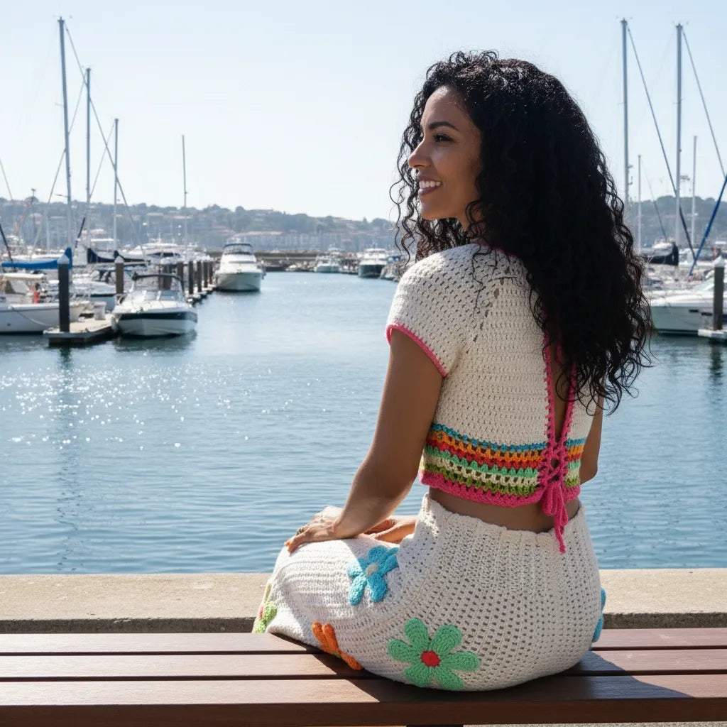 Ensemble au crochet Tiaré de Cachalabibi - vue de dos assise sur un ponton à la marina avec voiliers et bateaux