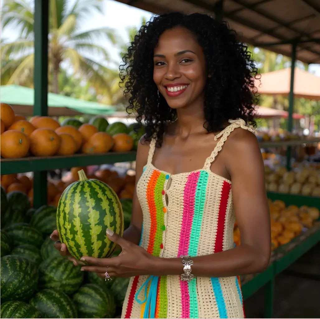 Ensemble au crochet Verticale de Cachalabibi - gros plan sur le top avec bretelles tressées nouées et boutons multicolores