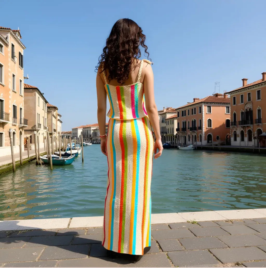 Ensemble au crochet Verticale de Cachalabibi - vue de dos à Venise d'une jeune femme sur un quai devant le canal