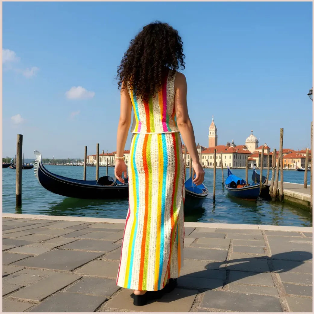 Ensemble au crochet Verticale de Cachalabibi - vue de dos à Venise avec gondoles et architecture vénitienne