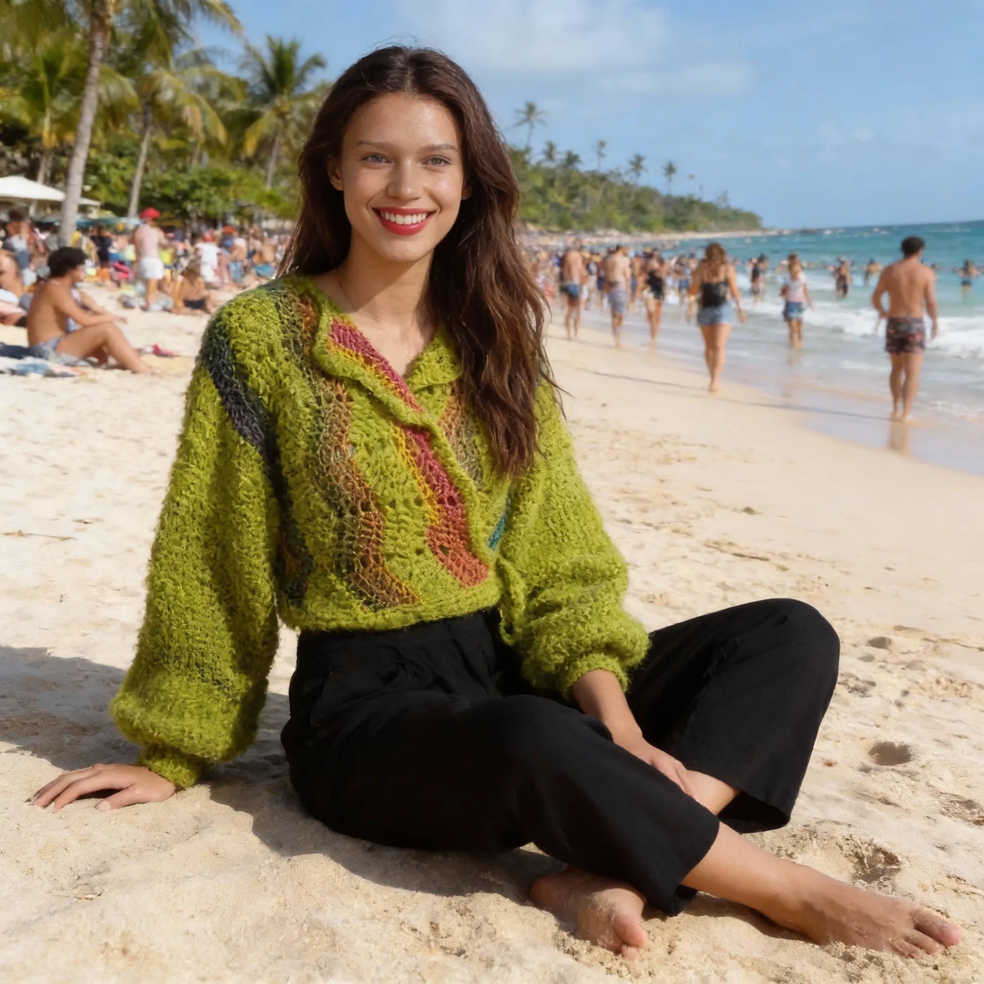 Gilet au crochet Avocado de Cachalabibi -vert anis avec rayures verticales multicolores - jeune femme assise sur le sable