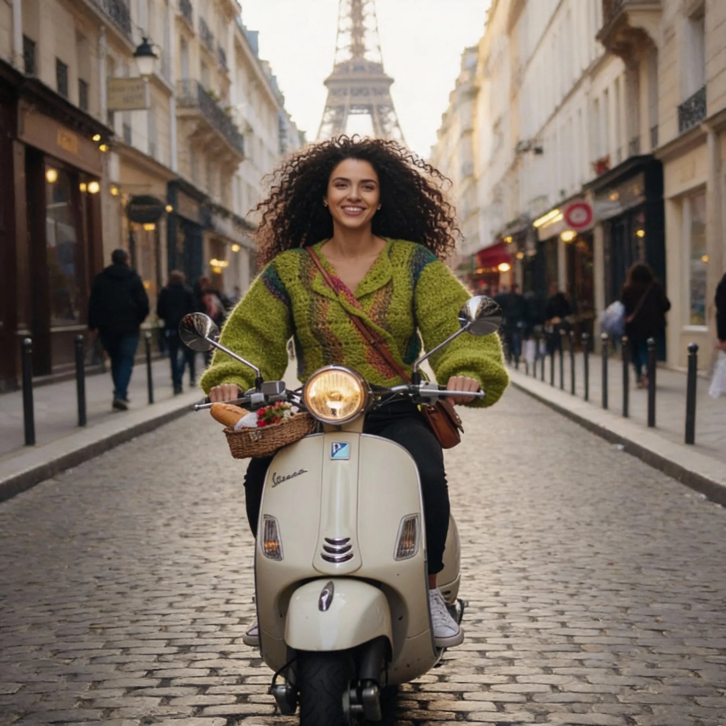 Gilet au crochet Avocado de Cachalabibi - vue de face sur un scooter Vespa dans une rue parisienne