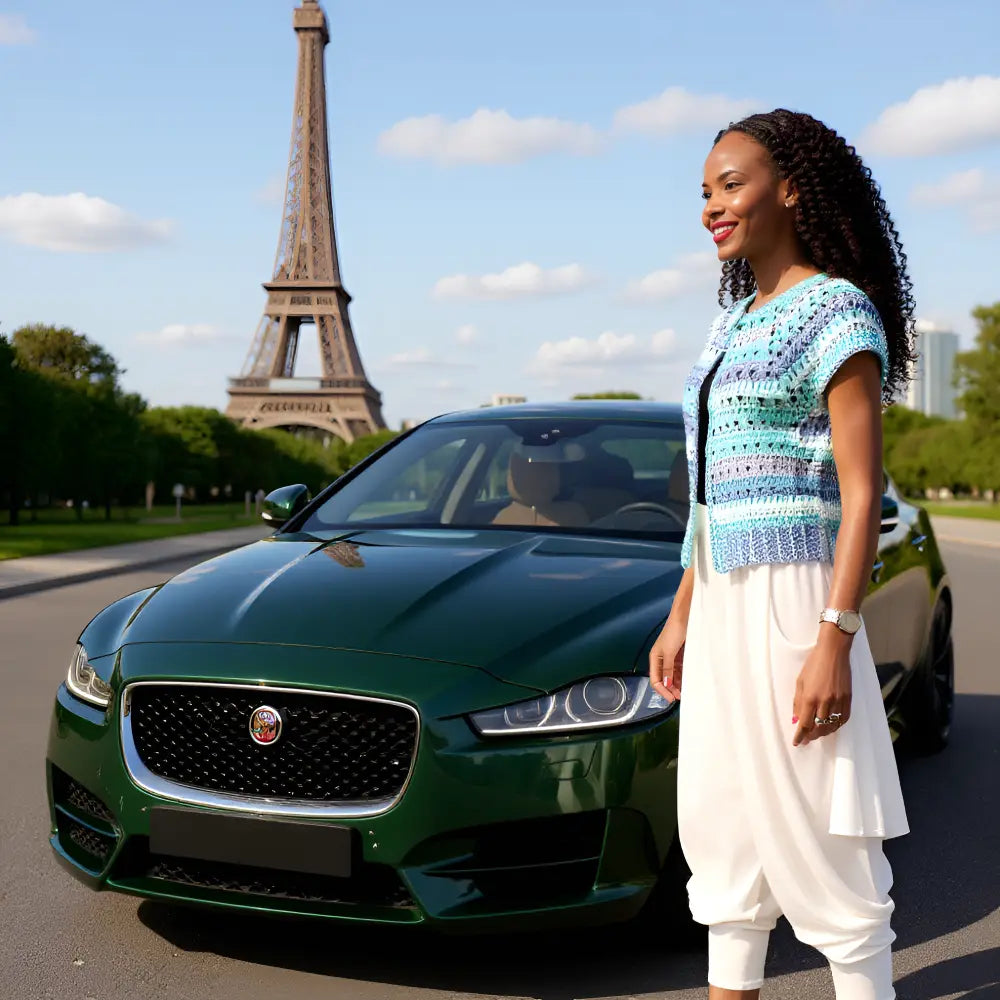 Gilet au crochet Adaman de Cachalabibi - porté par une jeune femme devant une voiture de prestige