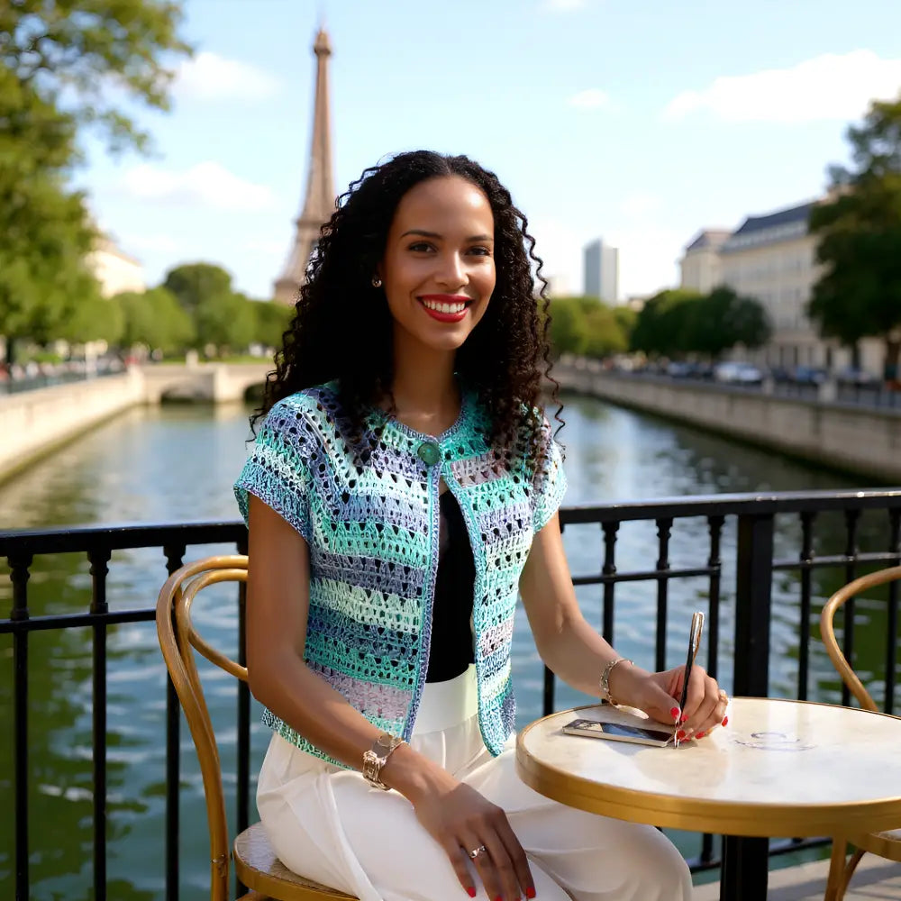 Gilet au crochet Adaman de Cachalabibi -porté au bord de la Seine en terrasse avec la Tour Eiffel en arrière-plan