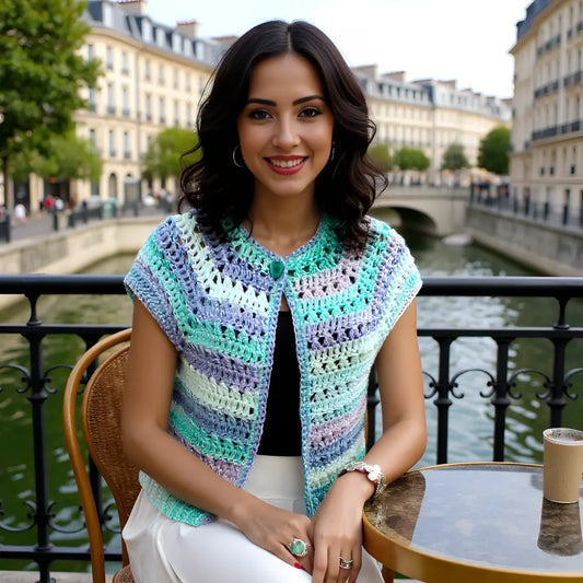 Gilet au crochet Adaman de Cachalabibi -vue de face d'une jeune femme assise en terrasse avec un café