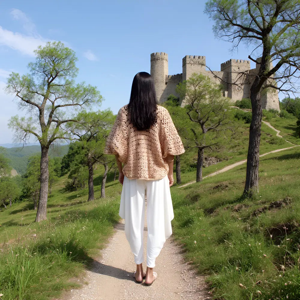 Gilet au crochet Albatros de Cachalabibi -Vue de dos et porté par une jeune femme avec château médiéval en arrière-plan
