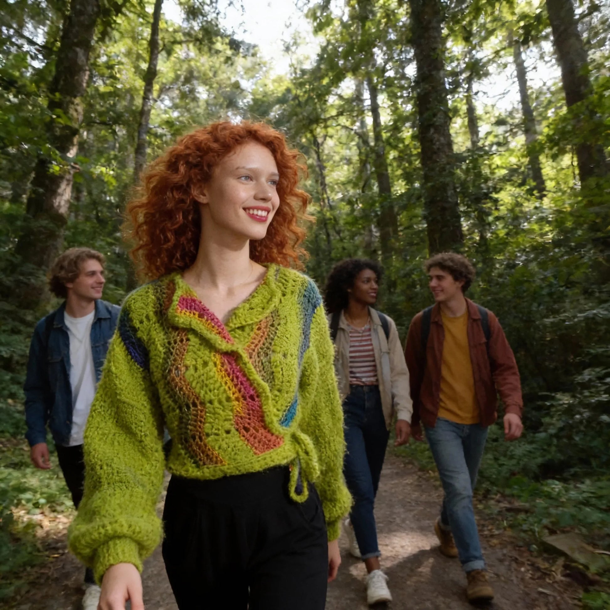 Gilet au crochet Avocado de Cachalabibi - vue de face d'une jeune femme en balade sur un chemin forestier