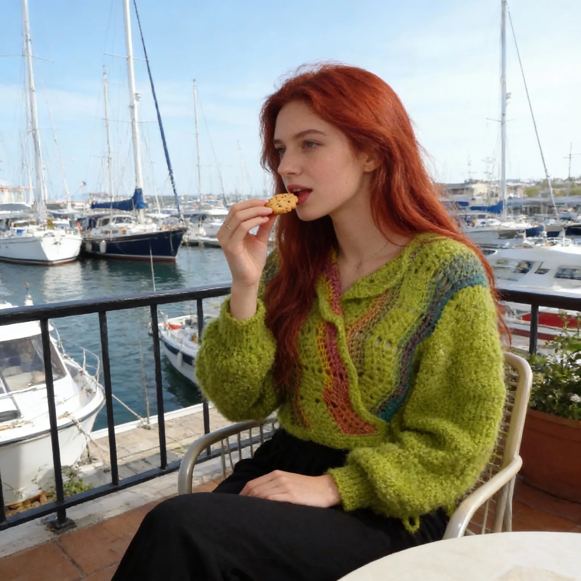 Gilet au crochet Avocado de Cachalabibi - vue de face à la terrasse d'un café de la marina avec vue sur les voiliers mangeant un biscuit