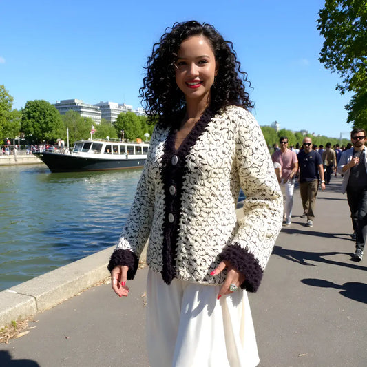 Gilet au crochet Chamoisy de Cachalabibi - vue de trois-quarts sur une jeune femme au bord de l'eau à Paris