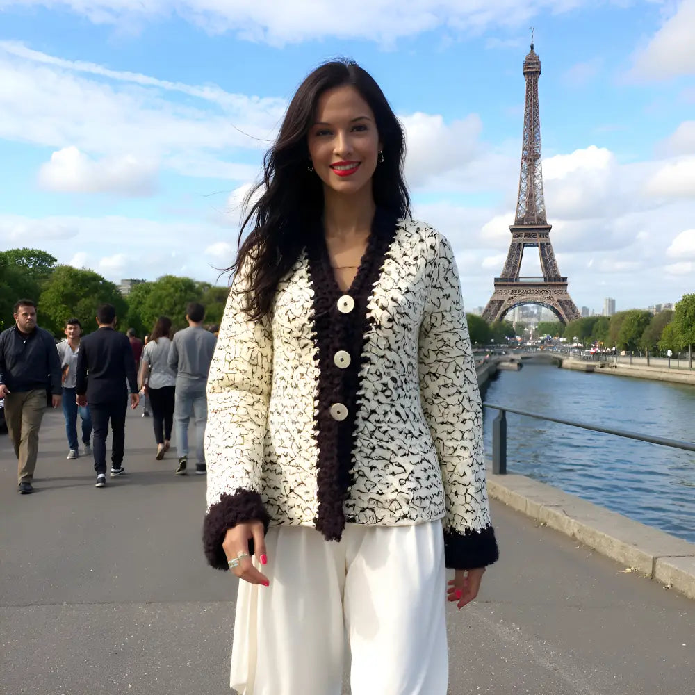 Gilet au crochet Chamoisy de Cachalabibi - porté par une jeune femme sur les quais devant la Tour Eiffel à Paris