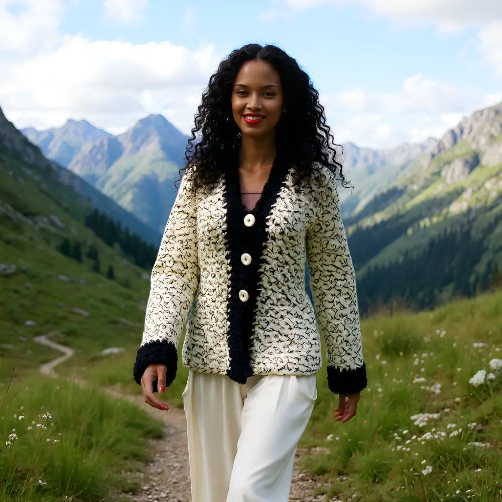 Gilet au crochet Chamoisy de Cachalabibi - porté en extérieur avec un magnifique paysage montagneux