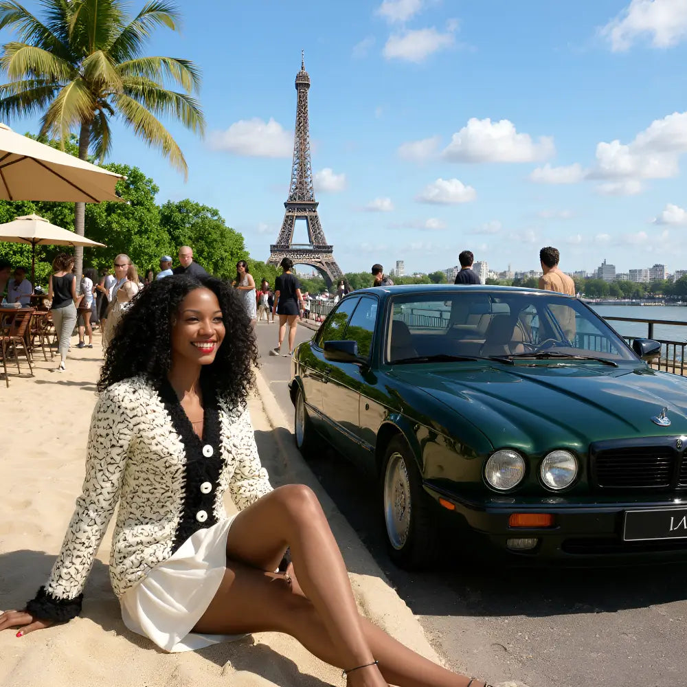 Gilet au crochet Chamoisy de Cachalabibi - porté par une jeune femme assise près d'une Jaguar avec la Tour Eiffel au loin