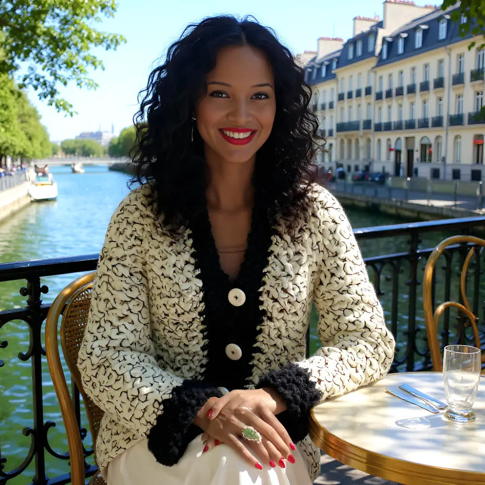 Gilet au crochet Chamoisy de Cachalabibi - Vue de face d'une jeune femme assise en terrasse avec un canal en contrebas