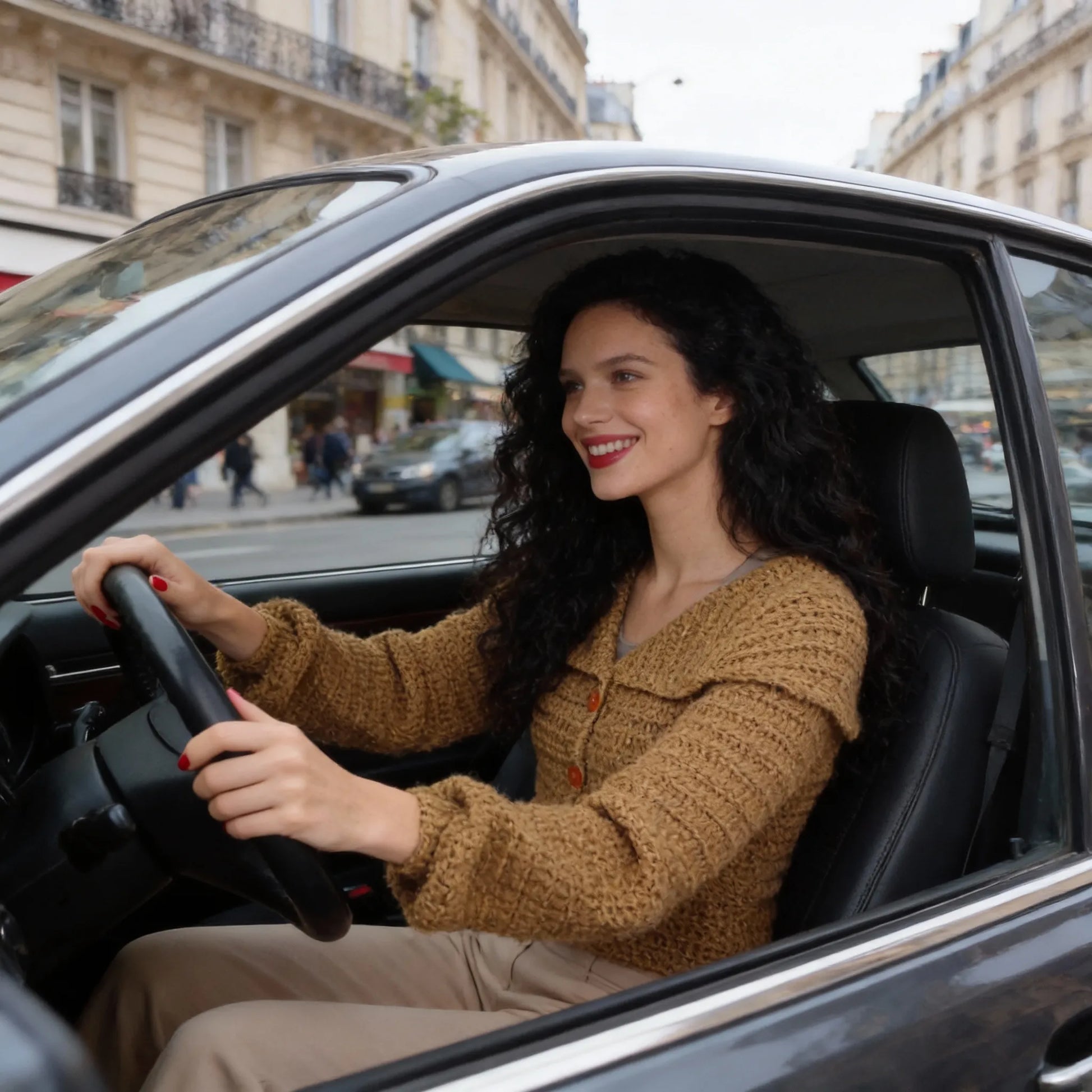 vue de côté au volant de sa voiture dans une rue de Paris