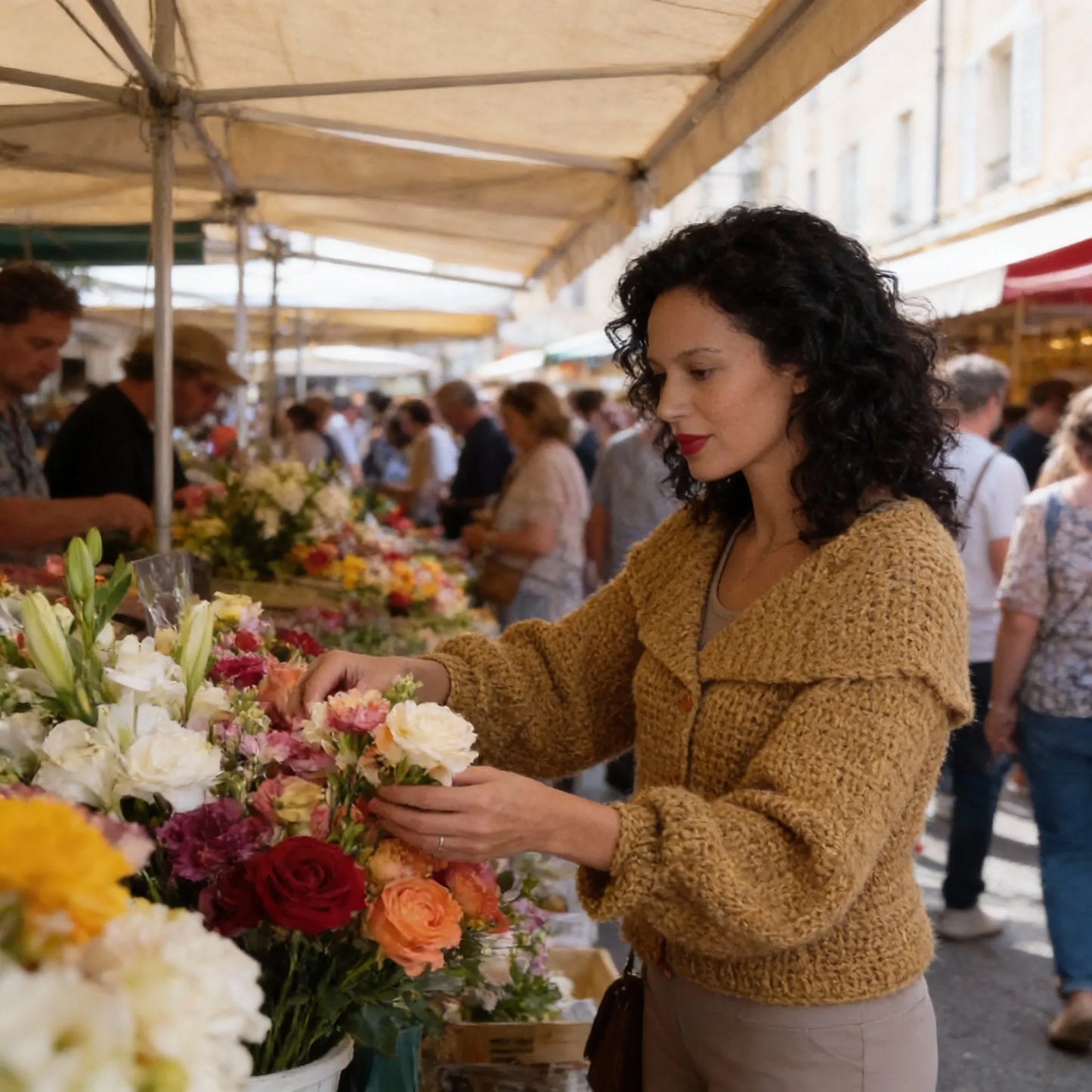 Gilet au crochet Corrazino de Cachalabibi - vue de côté au marché aux fleurs avec étals de fleurs colorées