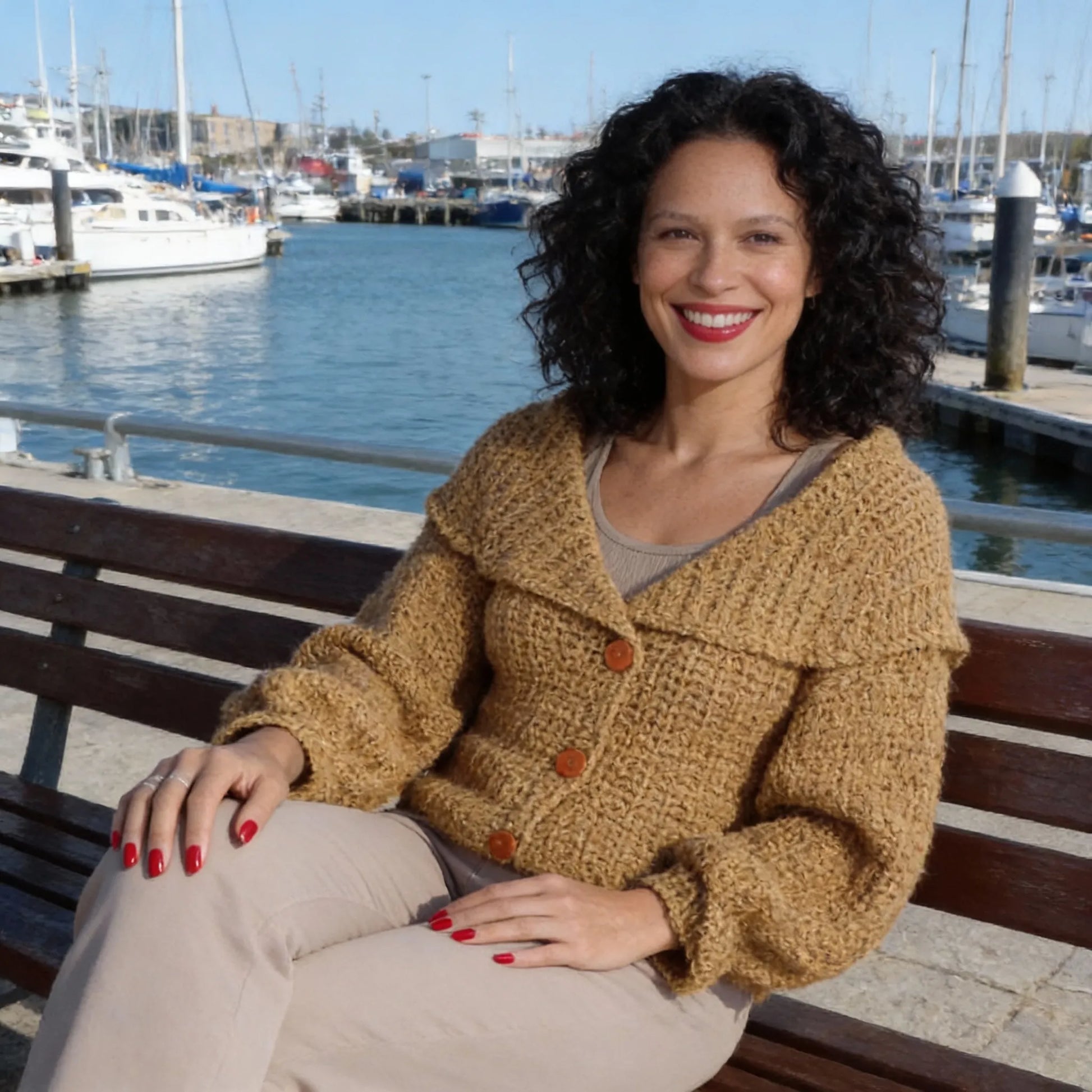 Gilet au crochet Corrazino de Cachalabibi - vue de face à la marina avec voiliers et bateaux