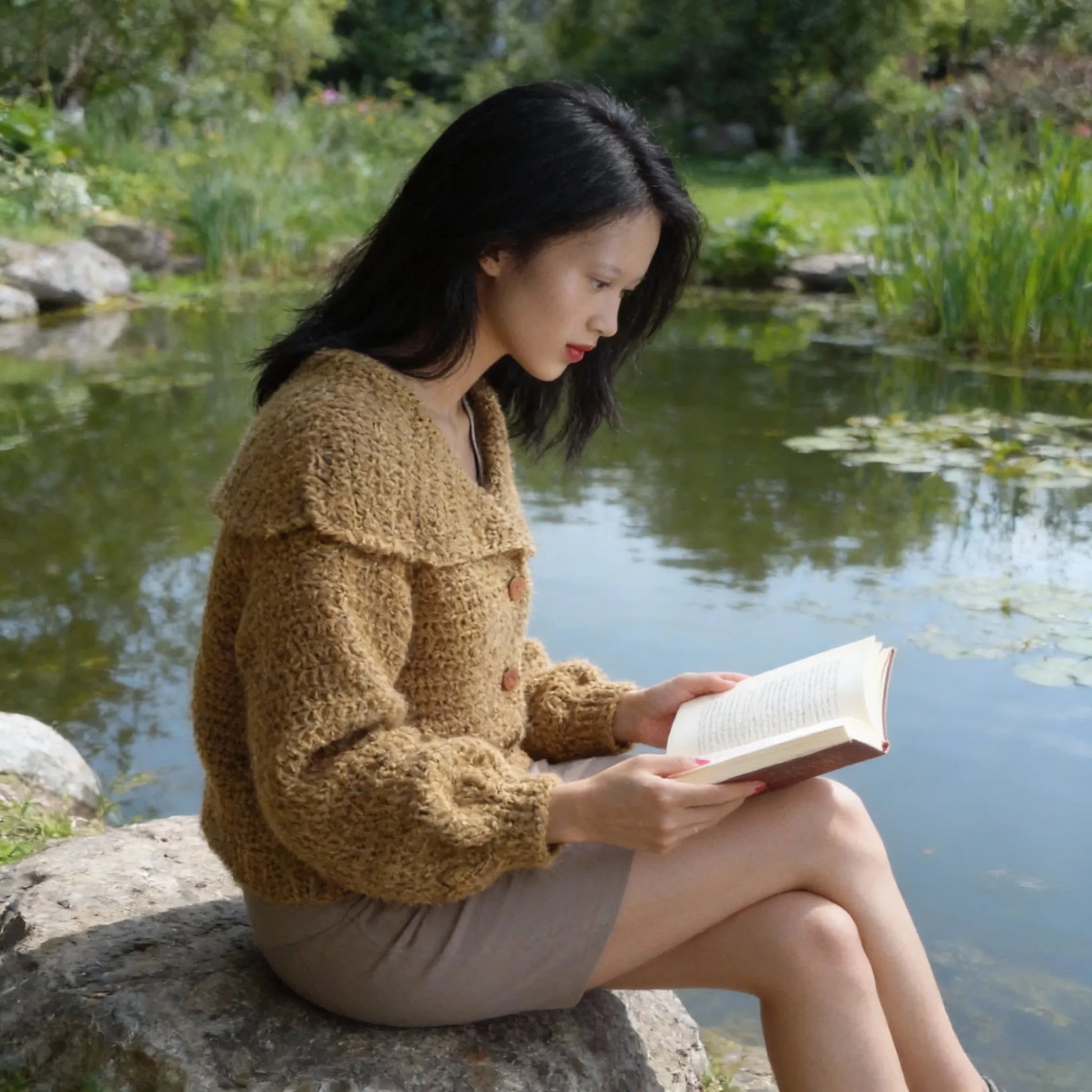 Gilet au crochet Corrazino de Cachalabibi - vue de profil au bord d'un étang avec rochers et eau calme lisant un livre