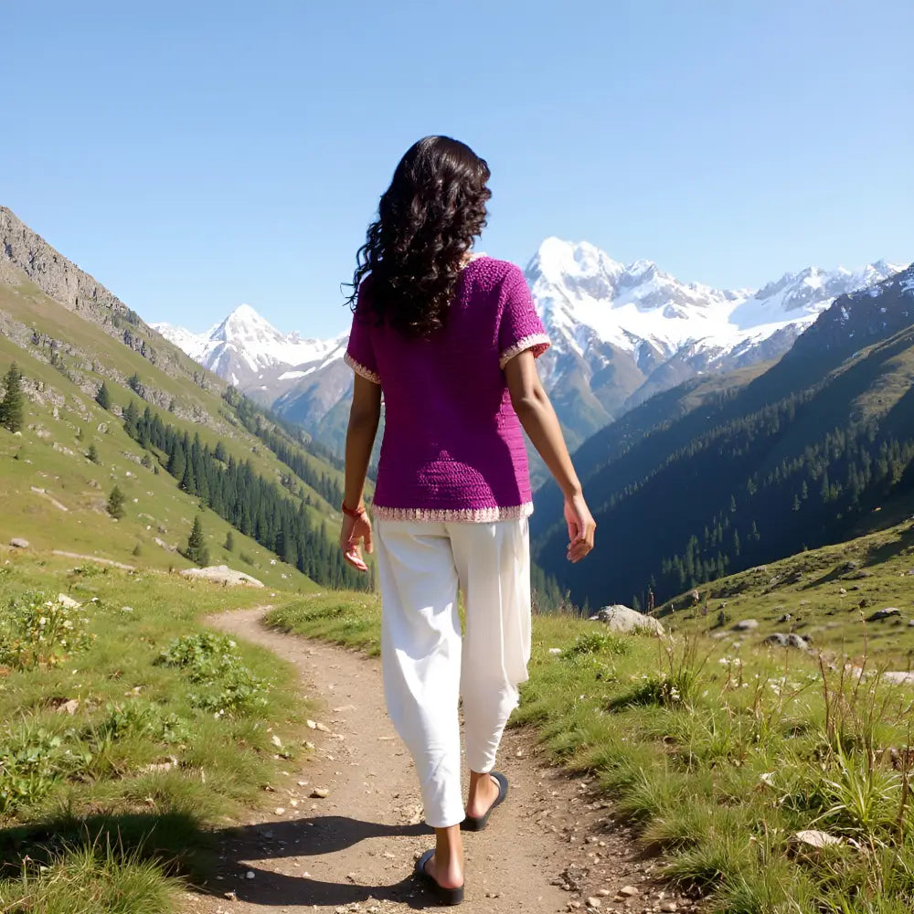Gilet au crochet Melanzana de Cachalabibi  - Vue de dos en montagne avec paysage alpin spectaculaire