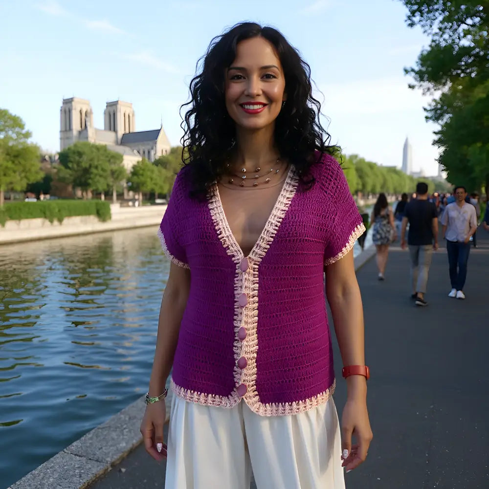 Gilet au crochet Melanzana de Cachalabibi - porté au bord de la Seine avec Notre-Dame en arrière-plan
