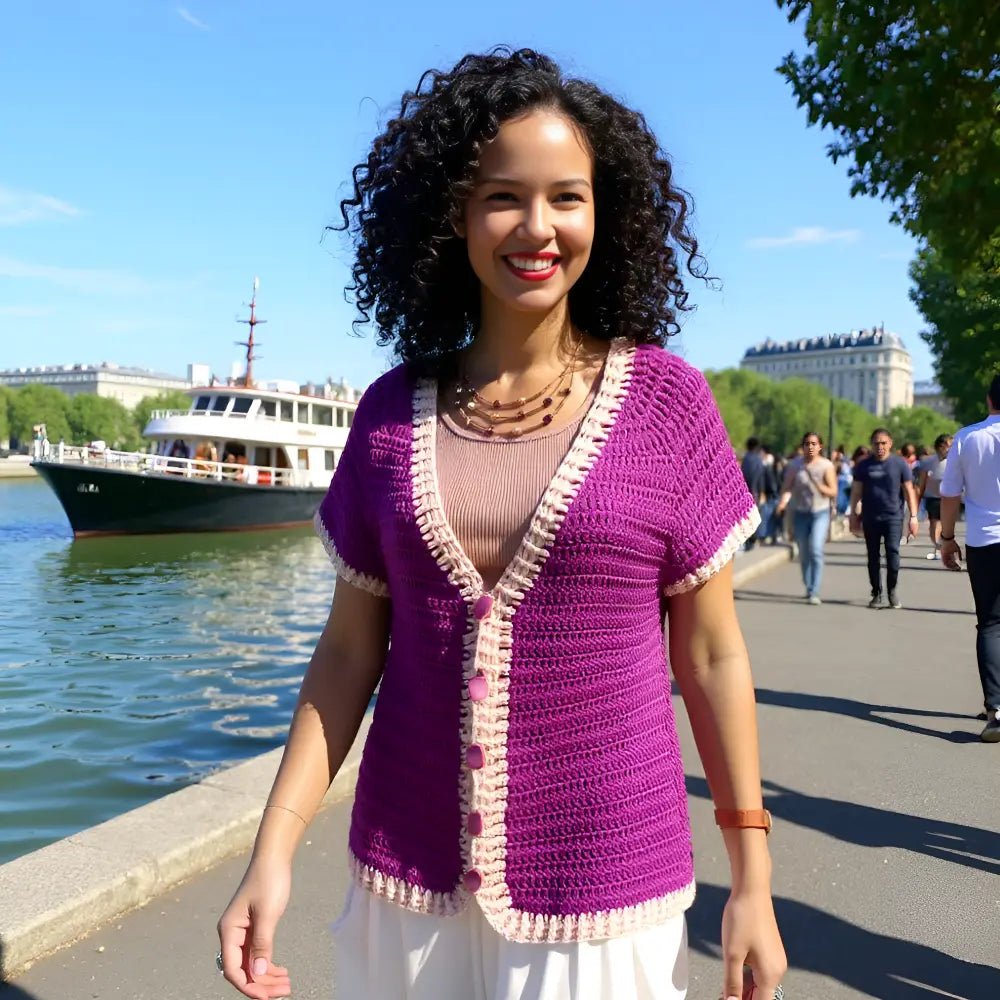 Gilet au crochet Melanzana de Cachalabibi - porté au bord de la Seine avec une vue sur les quais parisiens