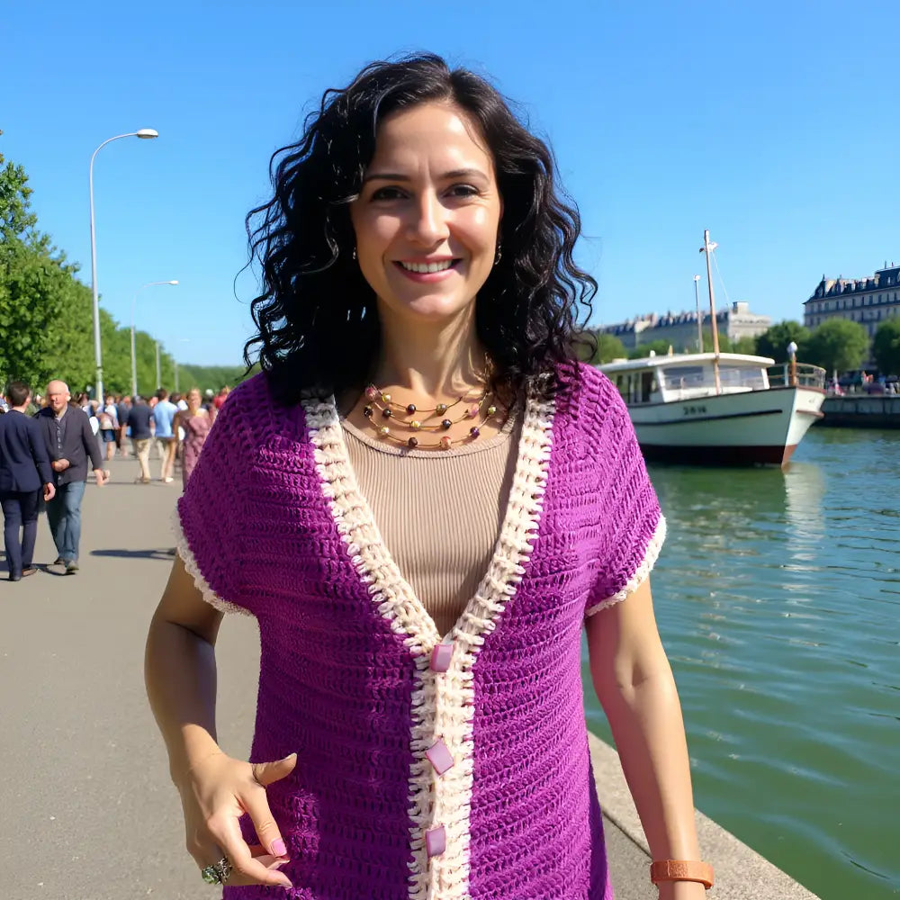 Gilet au crochet Melanzana de Cachalabibi - porté au bord de la Seine avec un bateau-mouche en arrière-plan