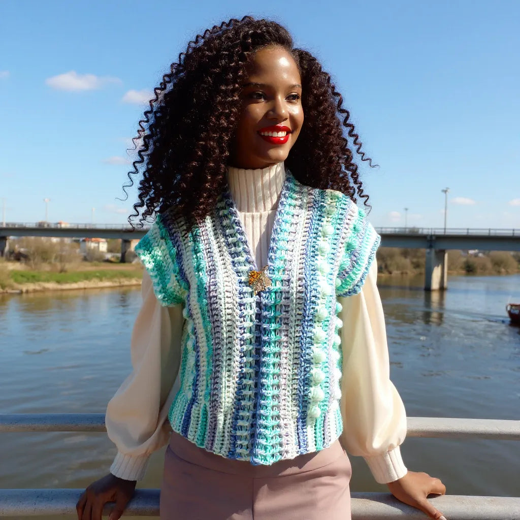 Gilet au crochet Pastello de Cachalabibi -gros plan sur les rayures verticales pastel turquoise bleu gris vert menthe écru