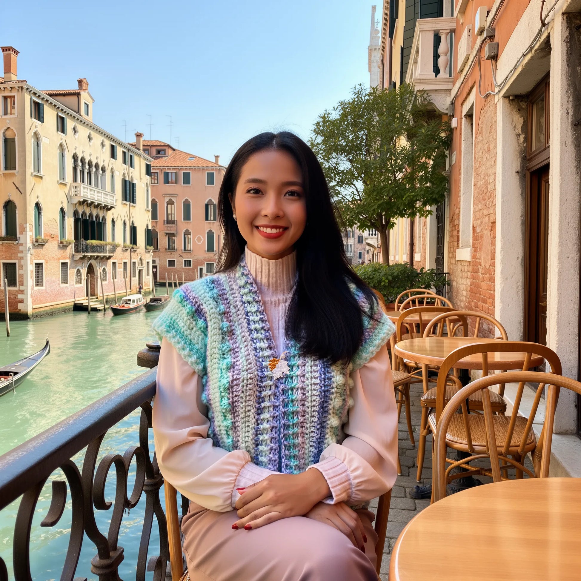 Gilet au crochet Pastello de Cachalabibi -vue de face à la terrasse d'un café vénitien avec canal et gondoles