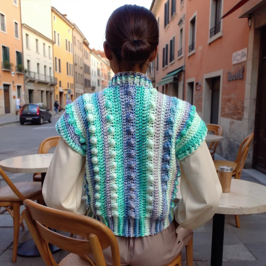 Gilet au crochet Pastello de Cachalabibi -vue de dos à la terrasse d'un café italien avec maisons colorées et cappuccino