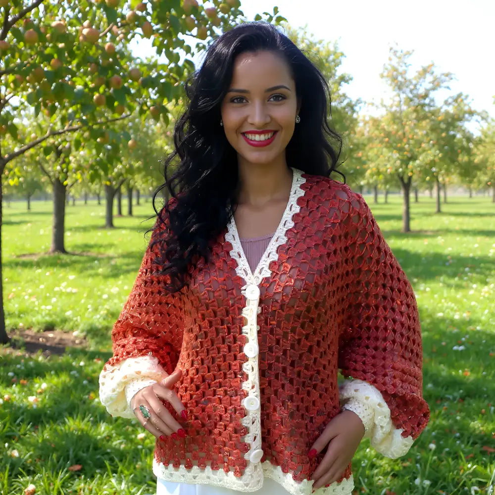 Gilet au crochet Peppino rouge et crème porté en extérieur dans un parc verdoyant