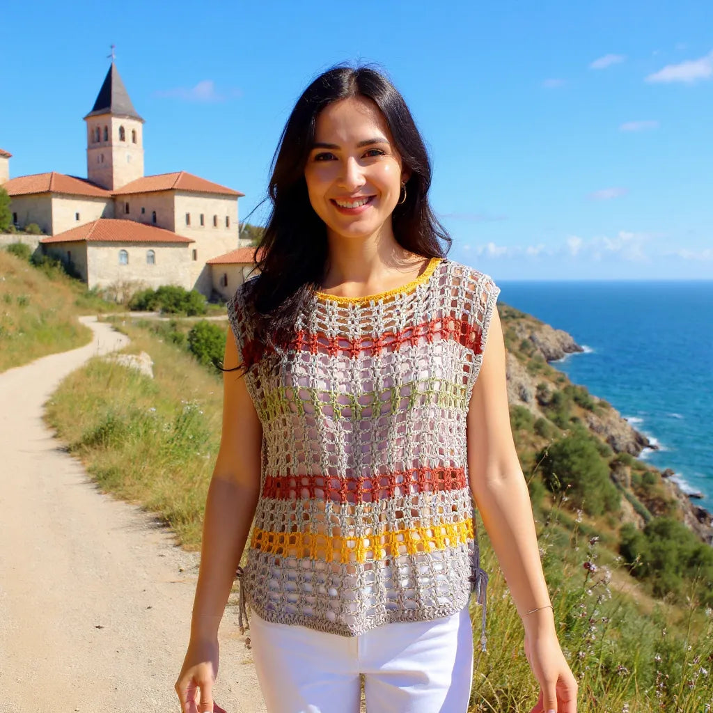 Haut au crochet Aperturo de Cachalabibi - vue de face d'une jeune femme sur un chemin avec un village en arrière-plan