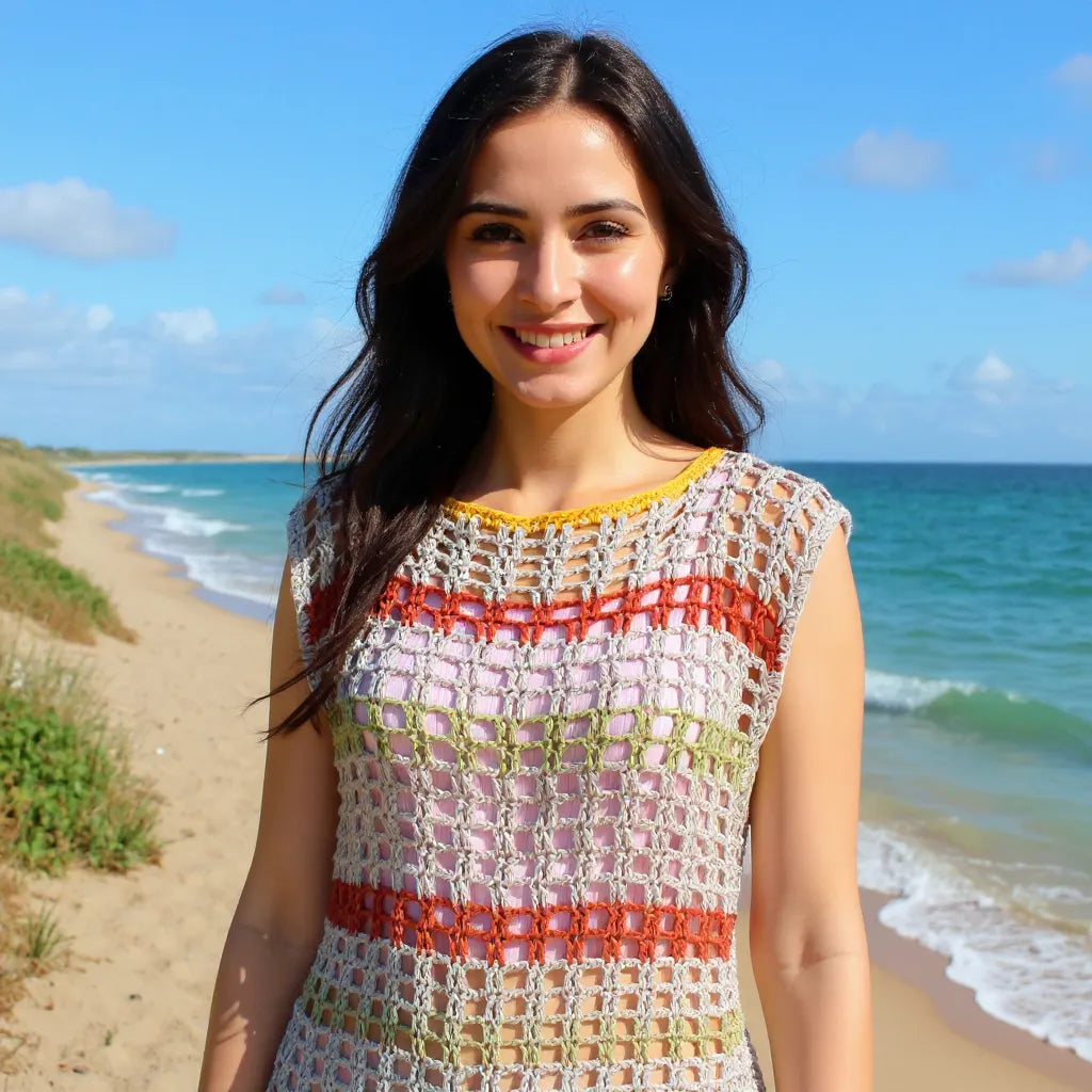 Haut au crochet Aperturo de Cachalabibi - vue de face d'une jeune femme qui sourit à la plage