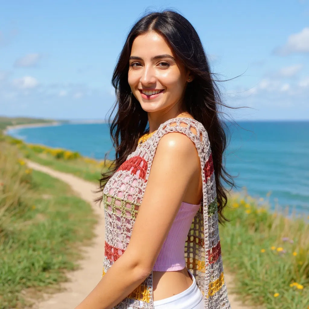 Haut au crochet Aperturo de Cachalabibi - vue du côté gauche d'une jeune femme sur un sentier près de la mer