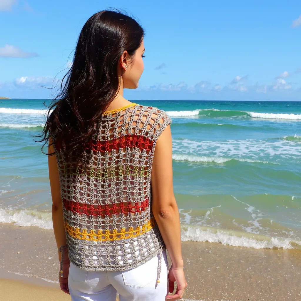 Haut au crochet Aperturo de Cachalabibi - vue de dos d'une jeune femme à la plage