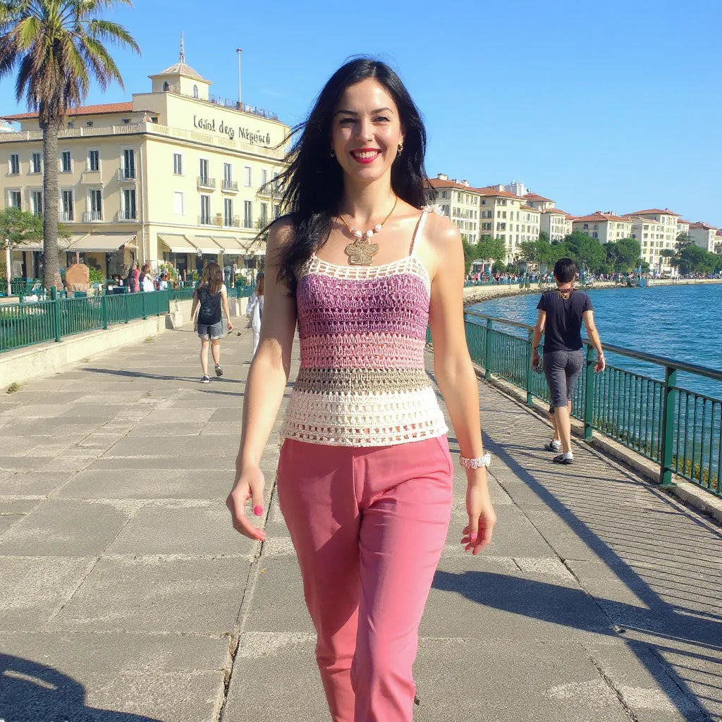 Haut au crochet Balladine de Cachalabibi  - porté en promenade en bord de mer par une jeune femme en pantalon rose