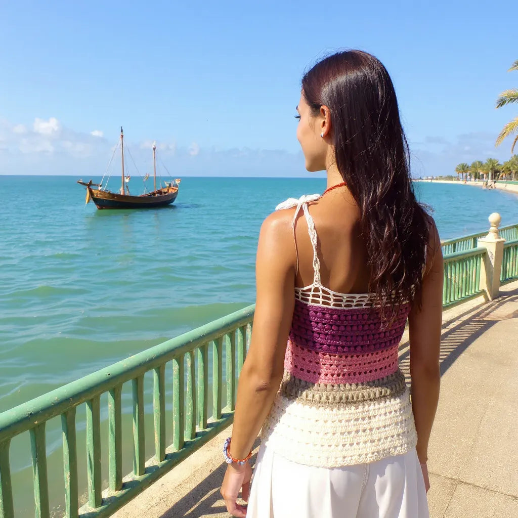 Haut au crochet Balladine de Cachalabibi - Vue de dos d'une jeune femme avec bateau en arrière-plan
