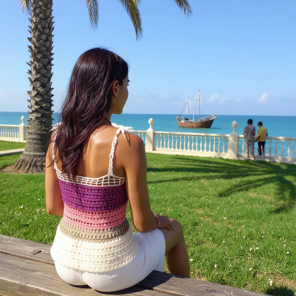 Haut au crochet Balladine de Cachalabibi - demoiselle assise sur un banc au bord de la mer avec palmiers