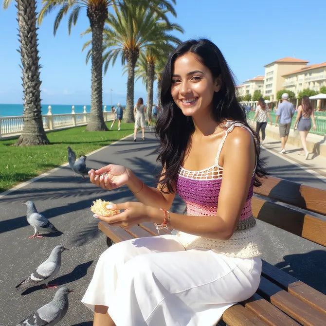 Haut au crochet Balladine de Cachalabibi - jeune femme nourrissant les pigeons sur une promenade